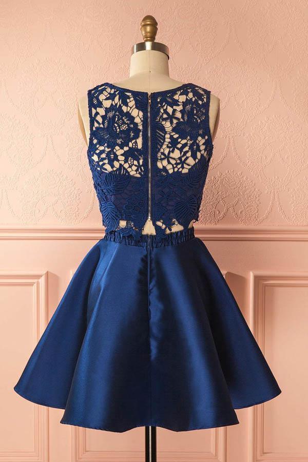 Two Piece Dark Blue Satin Homecoming Dress with Lace Appliques