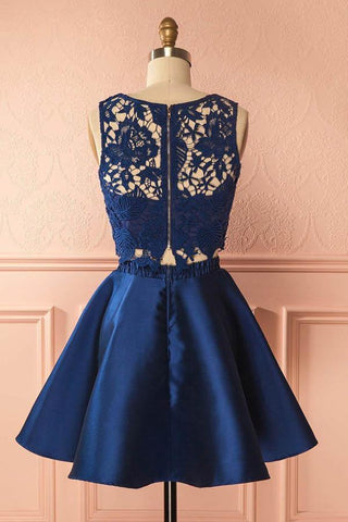 Two Piece Dark Blue Satin Homecoming Dress with Lace Appliques