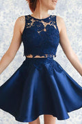 Two Piece Dark Blue Satin Homecoming Dress with Lace Appliques