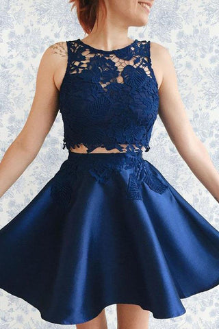 Two Piece Dark Blue Satin Homecoming Dress with Lace Appliques