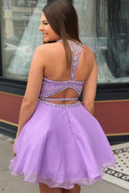 Vestido de fiesta de dos piezas de gasa lila con cuello alto y cuentas