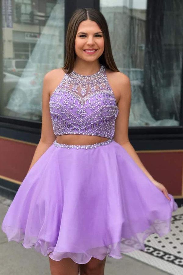 Vestido de fiesta de dos piezas de gasa lila con cuello alto y cuentas
