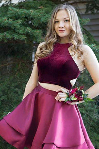 Two Piece High Neck Cut-out Burgundy Homecoming Party Dress
