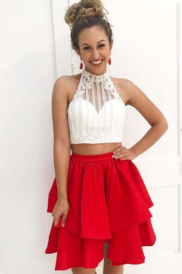 Zweiteiliges, kurzes, rotes Satin-Abendkleid mit hohem Kragen und Perlenstickerei