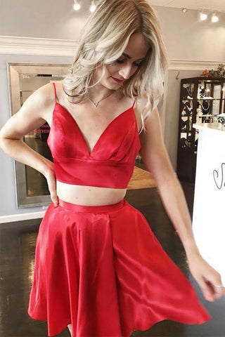Two Piece Short Prom Dress Red Homecoming Dress with Tie Back