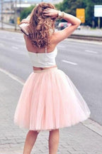 Two Piece Tulle Pink Spaghetti-Strap Sleeveless Homecoming Dresses