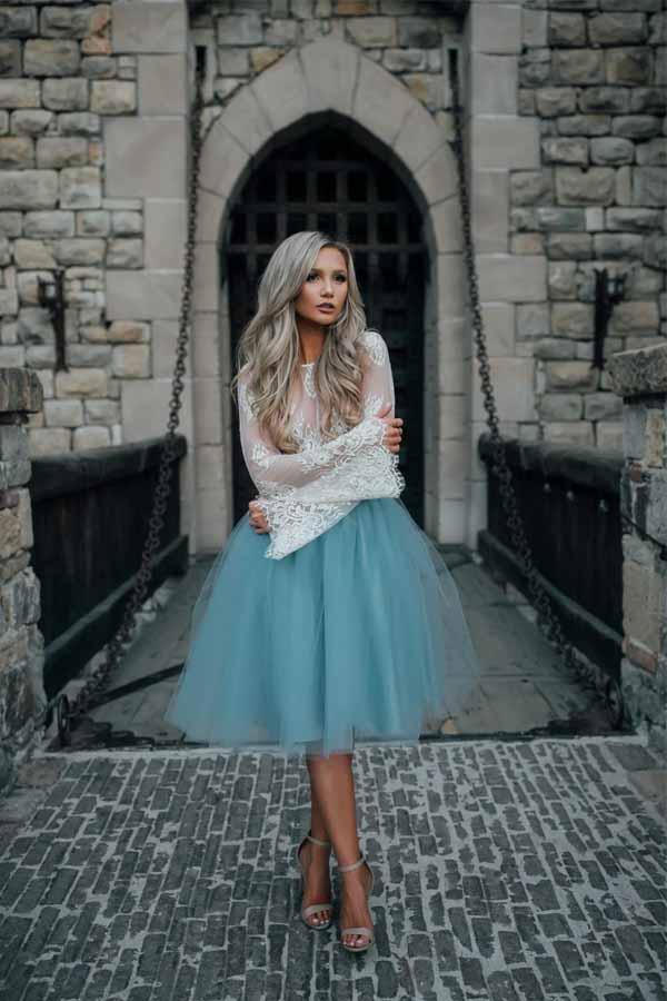 Vestido de fiesta de dos piezas de tul transparente con mangas largas y encaje