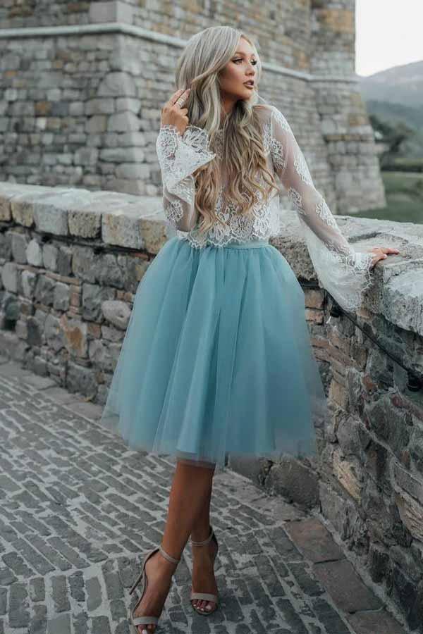 Vestido de fiesta de dos piezas de tul transparente con mangas largas y encaje