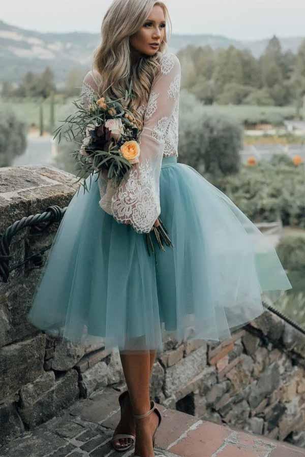 Vestido de fiesta de dos piezas de tul transparente con mangas largas y encaje