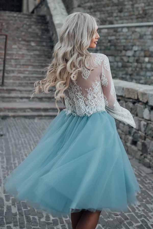 Vestido de fiesta de dos piezas de tul transparente con mangas largas y encaje