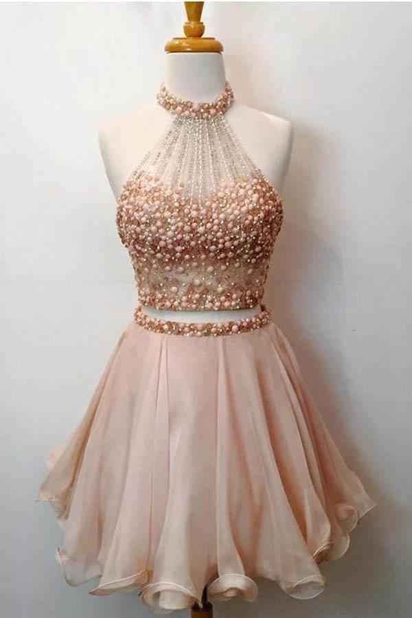 Zweiteiliges, hochgeschlossenes, perlenbesetztes, kurzes Homecoming-Kleid