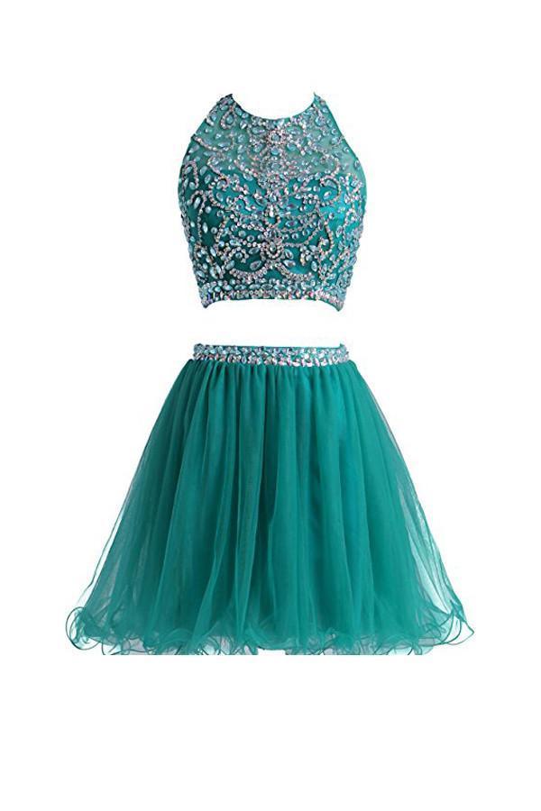 Vestidos de fiesta cortos de tul de dos piezas con cuentas