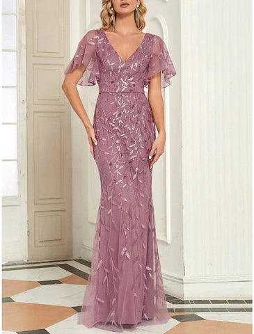 Meerjungfrau/Trompete Mutter der Braut Kleid Hochzeitsgast Sparkle &amp; Shine Elegant V-Ausschnitt Bodenlang Pailletten Kurzarm mit Falten Pailletten