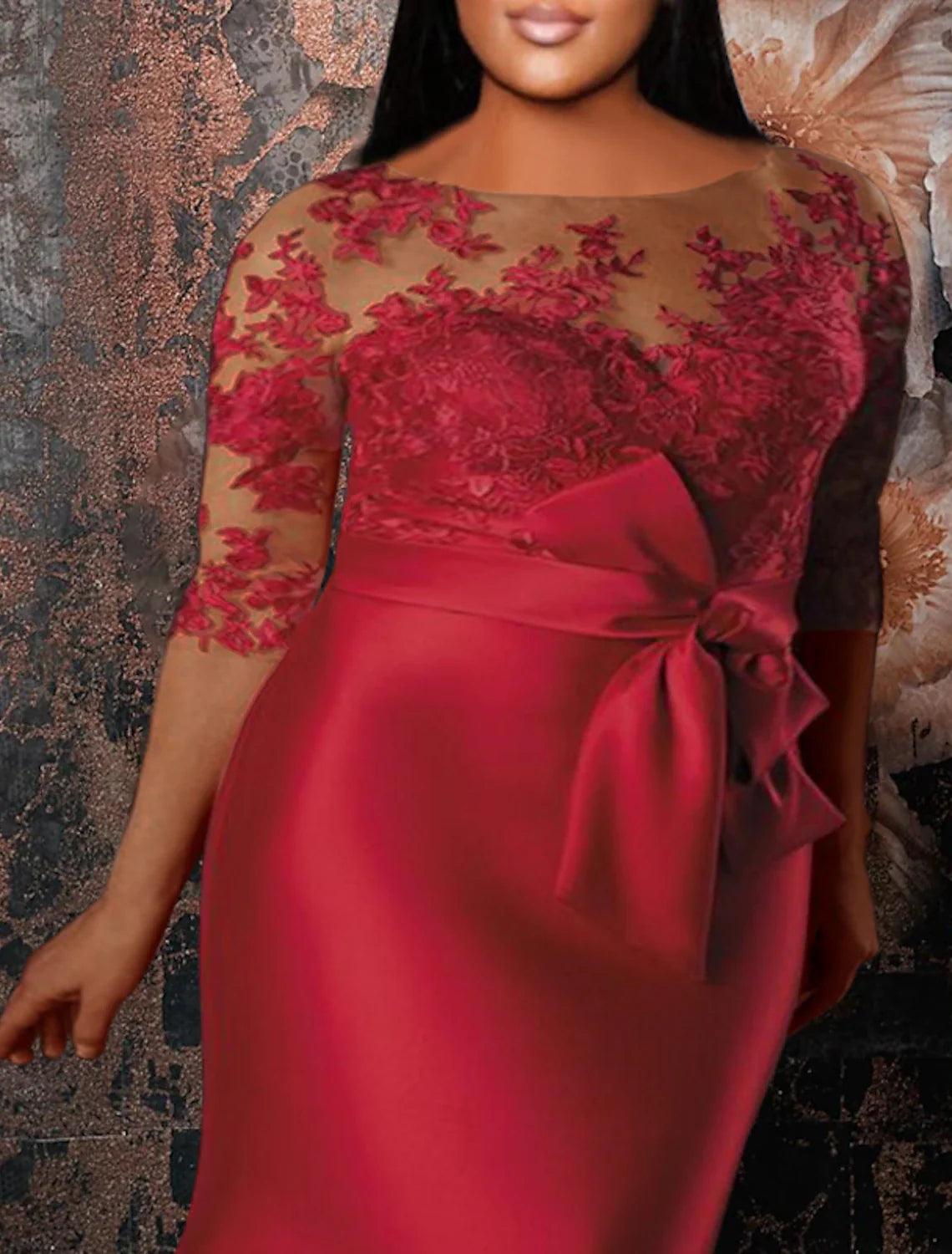 Meerjungfrau/Trompete Übergröße Kurve Abendkleider Übergröße Kleid Formelle Hochzeitsgäste Bodenlang Halbarm Rundhals Satin mit Applikationen Riemchen