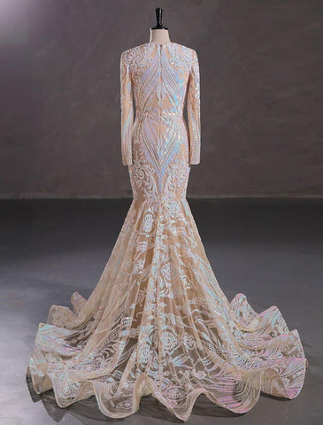 Meerjungfrau/Trompete Abendkleid Sparkle &amp; Shine Kleid Formeller Abend Hochzeitsfeier Kapelle Schleppe Langarm Juwel Hals Afroamerikaner Pailletten mit Pailletten