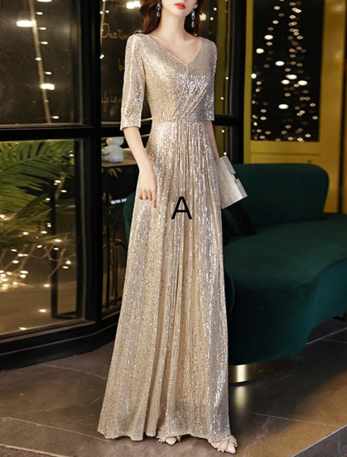 Etui-Linie/Säulenkleid für die Mutter der Braut, Hochzeitsgast, elegant, funkelnd und glänzend, V-Ausschnitt, bodenlang, Pailletten, halbe Ärmel mit Falten