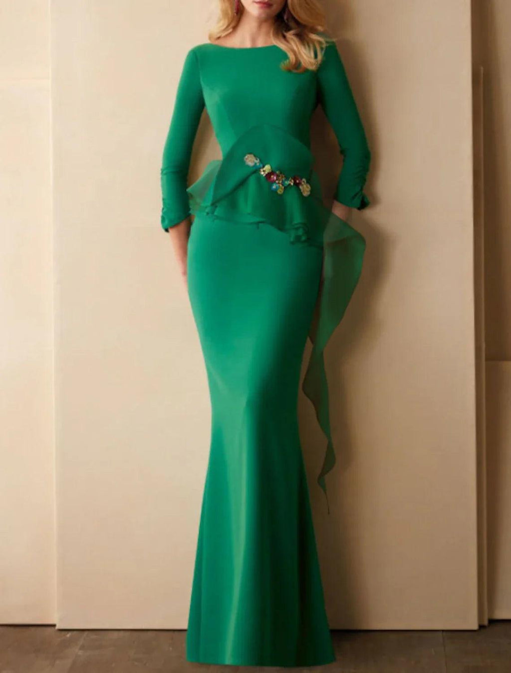 Vestido de noche formal de sirena/trompeta con espalda hermosa, elegante para invitada de boda, cuello joya, manga 3/4, largo hasta el suelo, de gasa con volantes