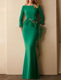 Vestido de noche formal de sirena/trompeta con espalda hermosa, elegante para invitada de boda, cuello joya, manga 3/4, largo hasta el suelo, de gasa con volantes