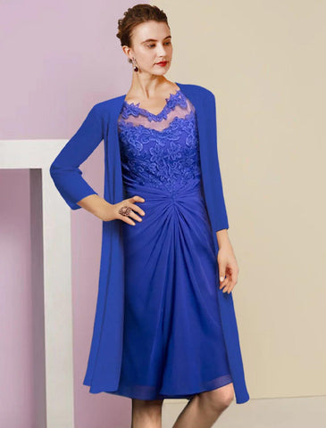 Vestido de dos piezas tipo tubo para madre de la novia, vestido formal para invitada de boda, estilo vintage, elegante, con escote en V, largo hasta la rodilla, de gasa, con encaje, manga media, con apliques