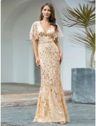 Meerjungfrau/Trompete Abendkleid Glitzerkleid Formelle Cocktailparty Bodenlang Kurzarm V-Ausschnitt Herbst Hochzeitsgast Tüll mit Pailletten