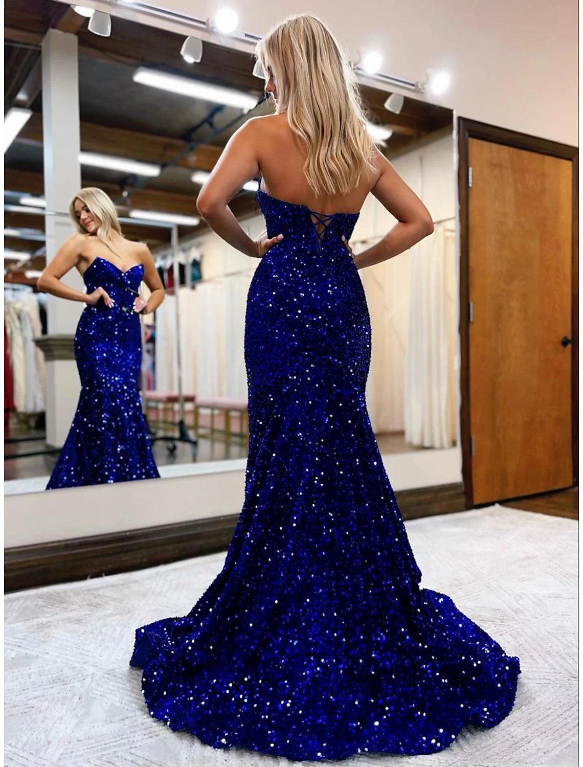 Vestidos de fiesta de sirena/trompeta con brillo y destellos, vestido formal para fiesta de bodas, cola larga/corta, sin mangas, escote corazón con lentejuelas y espalda descubierta con lentejuelas
