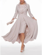 Two Piece Sheath / Column Mother of the Bride Dress Wedding Guest Party Elegant Winter With Jacket 3/4 Sleeve Shirt Collar Ankle Length Chiffon Pleats Solid Color