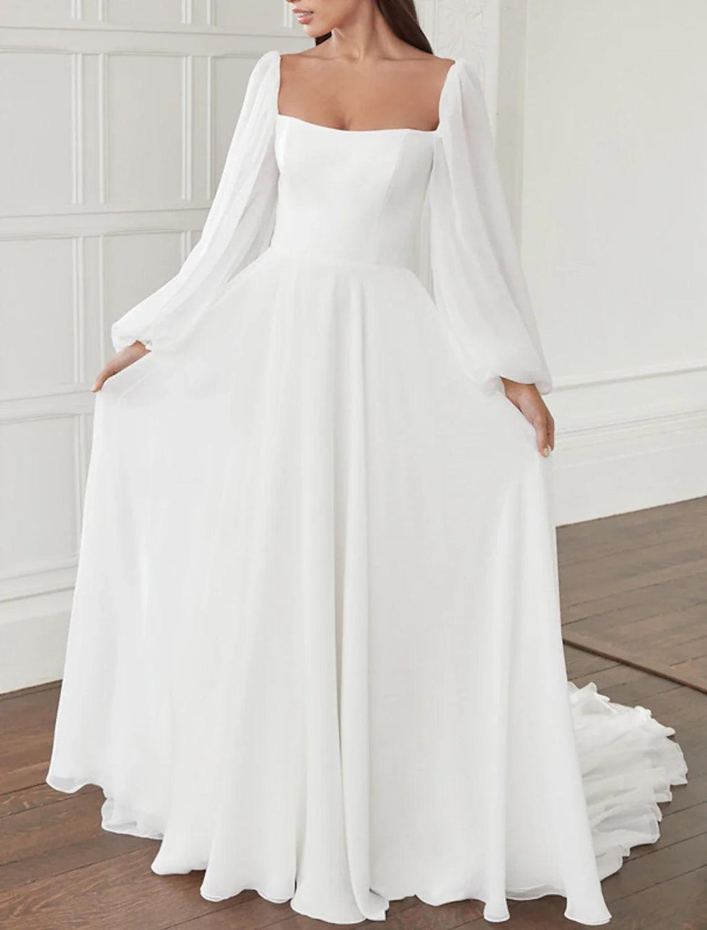 Hall Casual Brautkleider A-Linie Square Neck Langarm Hofschleppe Chiffon Brautkleider mit Schleife(n) Einfarbig