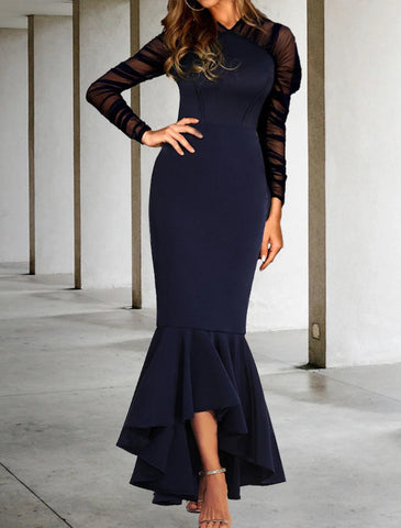 Meerjungfrau/Trompete Ballkleider Elegantes Kleid Formeller Hochzeitsgast Asymmetrisch Langarm V-Ausschnitt Stretchstoff mit gerafften Rüschen