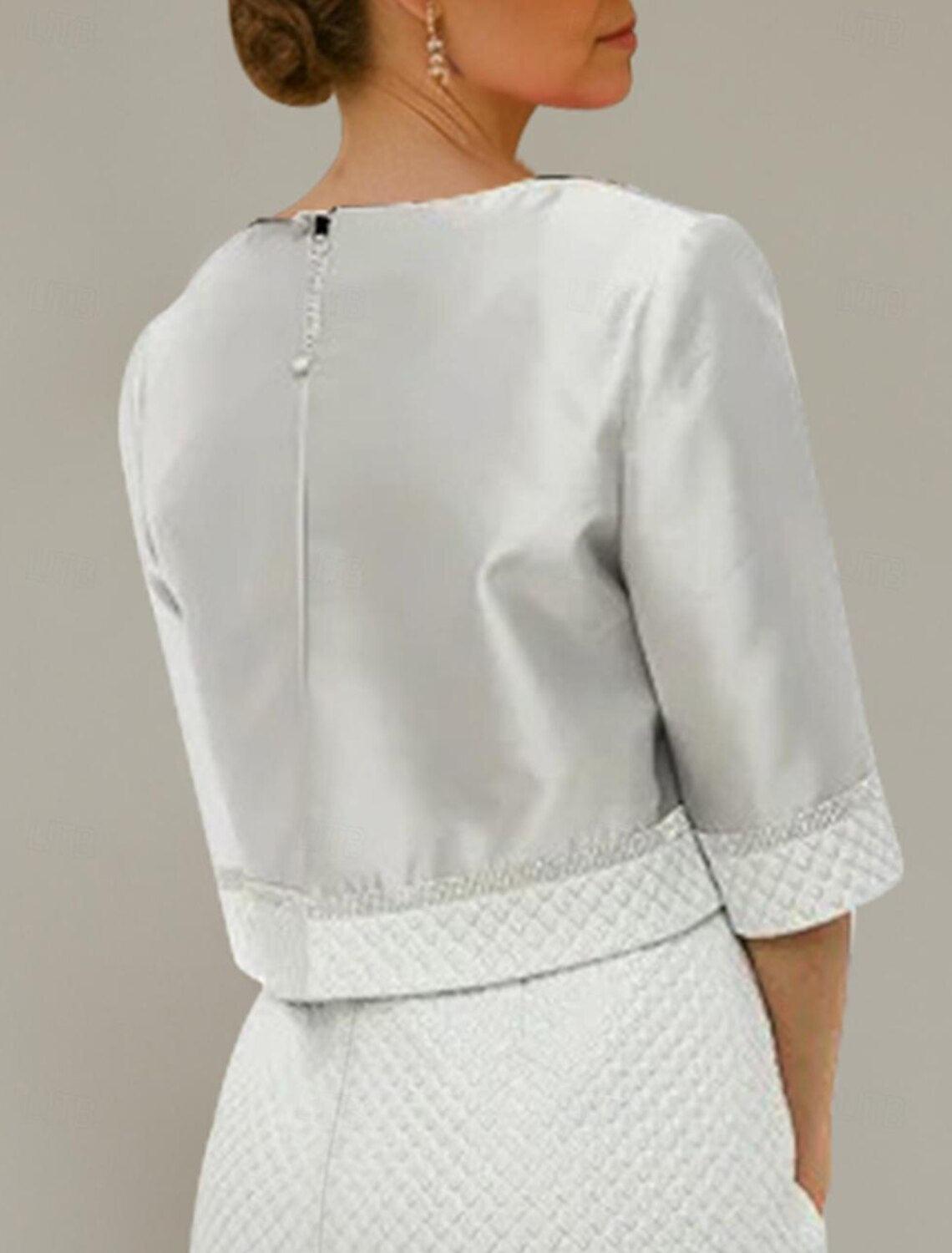 Zweiteiliges elegantes asymmetrisches Satin-Jäckchenkleid mit Rundhalsausschnitt und halblangen Ärmeln und Kristallen