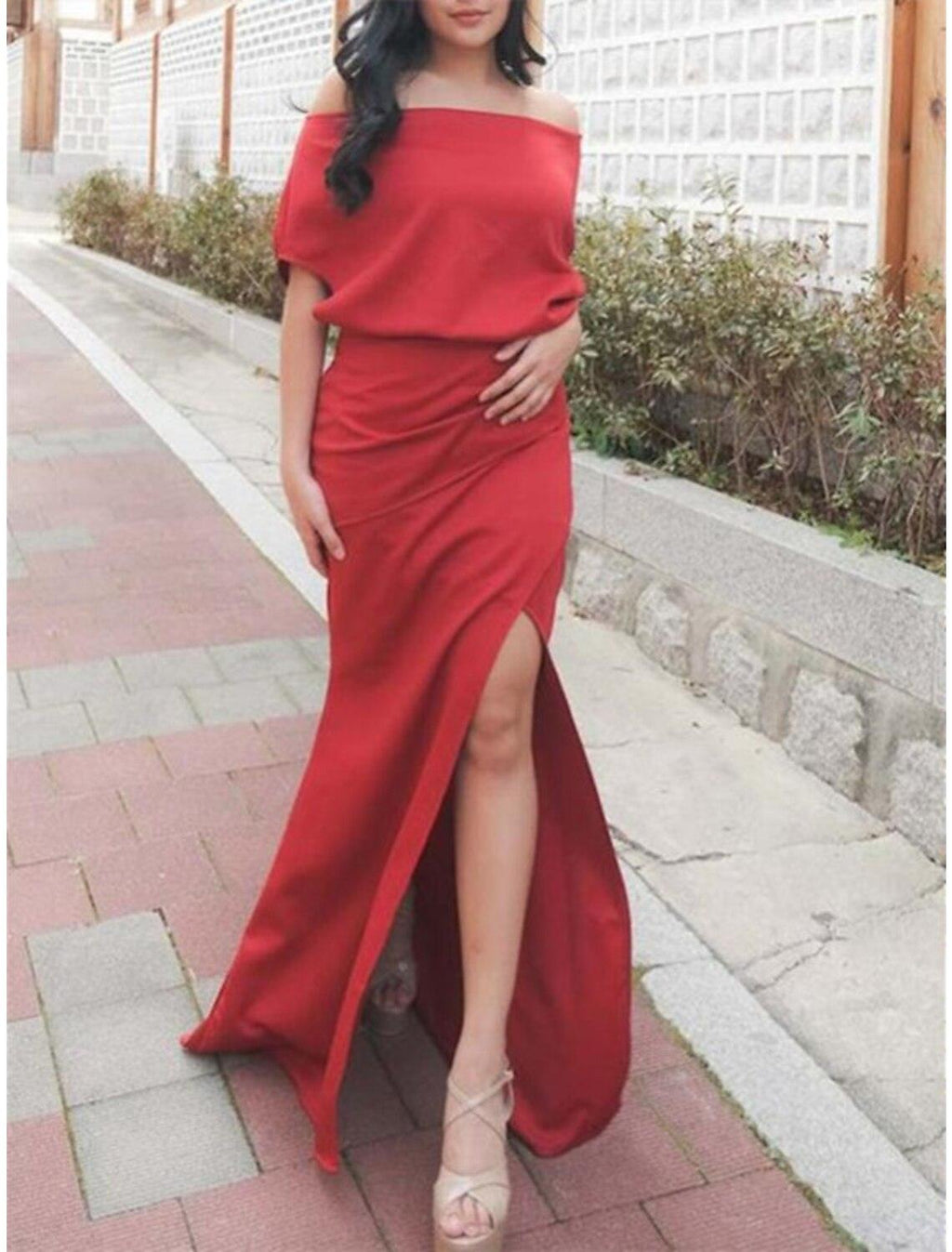 Etui-Linie Empire-Linie Elegantes Hochzeitsgastkleid Formeller Abend Geburtstag Schulterfrei Halbarm Bodenlang Stretch Chiffon mit Schlitz
