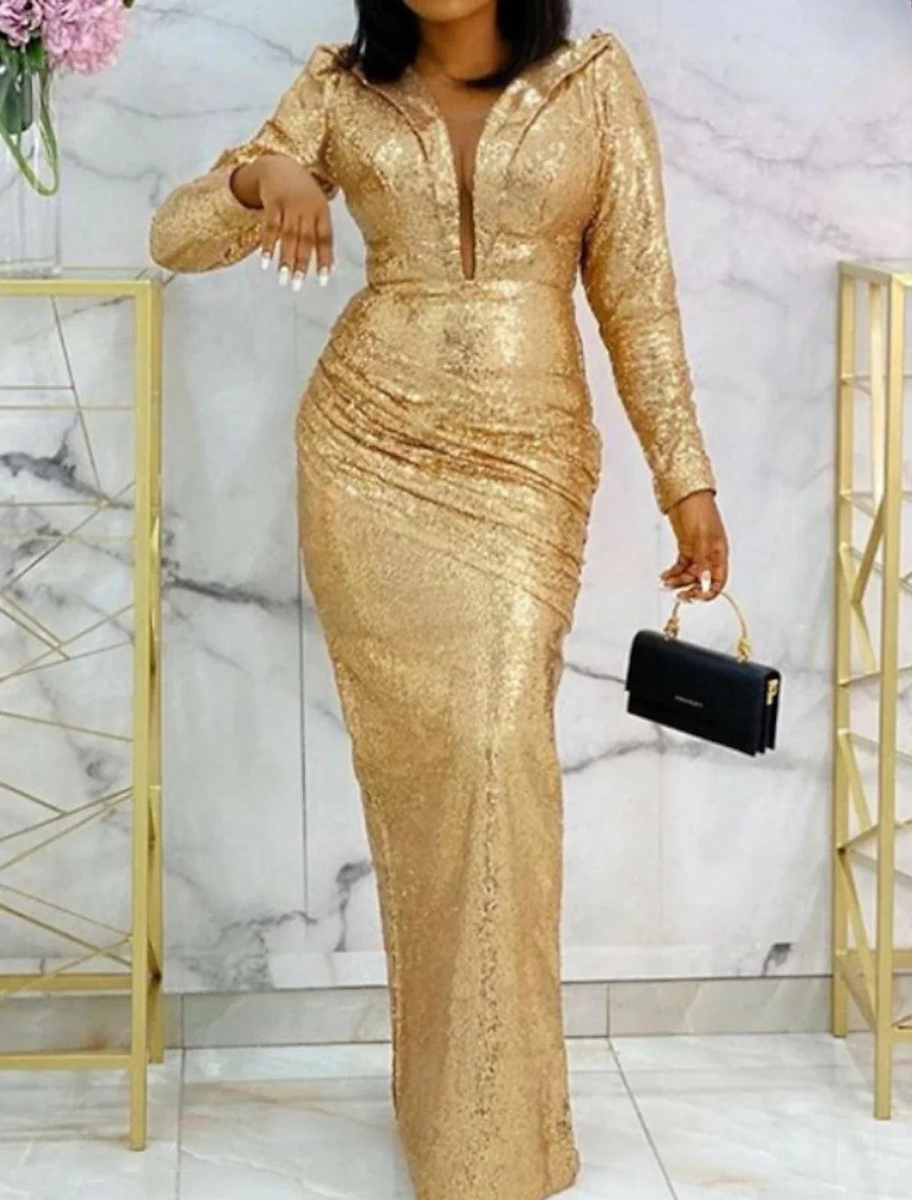 Vestido de noche formal elegante con escote pronunciado, manga larga, largo hasta el suelo, satén elástico con lentejuelas.
