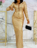 Vestido de noche formal elegante con escote pronunciado, manga larga, largo hasta el suelo, satén elástico con lentejuelas.