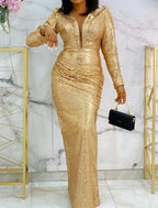 Vestido de noche formal elegante con escote pronunciado, manga larga, largo hasta el suelo, satén elástico con lentejuelas.