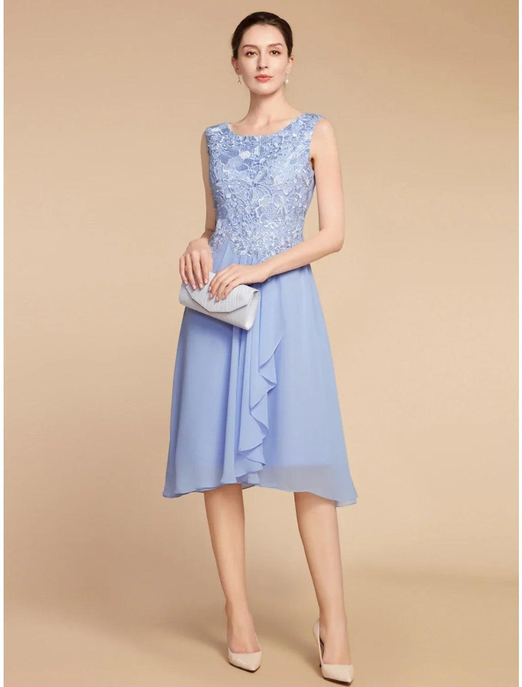 Vestido de dos piezas tipo tubo/columna para madre de la novia, elegante, pequeño, escote redondo, largo hasta la rodilla, de gasa, con encaje, media manga y fruncido, color liso.