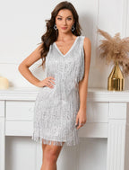 Vestido de fiesta de tubo/columna, vestido vintage para vacaciones de verano, corto/mini, sin mangas, cuello en V, con lentejuelas y flecos y borlas de lentejuelas.