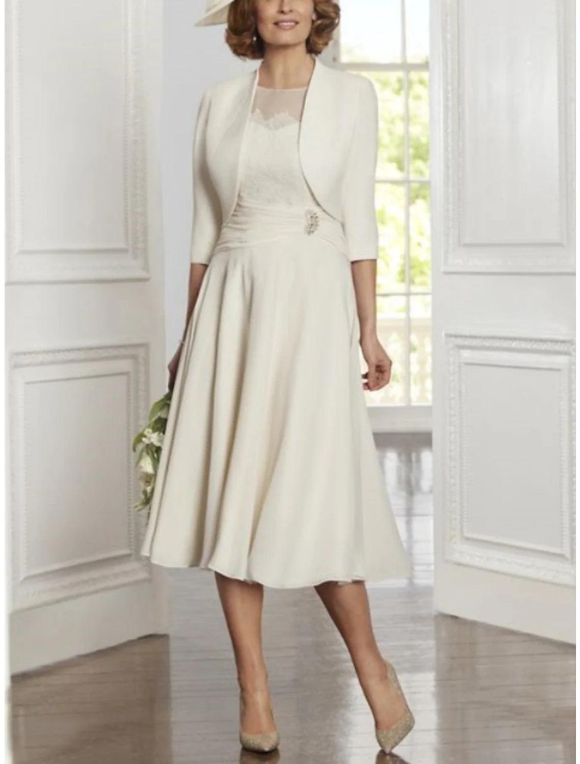 Vestido elegante de dos piezas para madre de la novia, de fiesta, con escote redondo, largo hasta la rodilla, encaje, gasa elástica, manga 3/4 y pliegues con cristales.