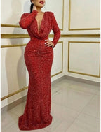 Vestido de noche de sirena, elegante vestido navideño rojo y verde, formal, con cola larga y escote en V, con lentejuelas y pliegues brillantes.