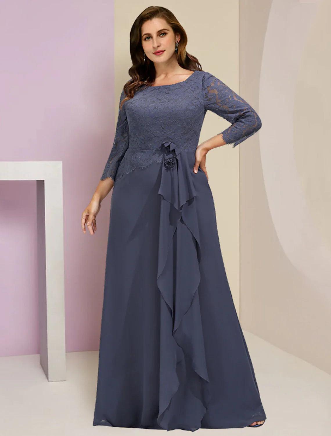 Mother of the Bride Dresses Plus Size Curve Hide Belly Wedding Guest Party Elegant Scoop Neck Floor Length Chiffon Lace 3/4 Length Sleeve with Ruffles Mother of the Bride Dresses Plus Size Curve Hide Belly Wedding Guest Party Elegant Scoop Neck Floor Length Chiffon Lace 3/4 Length Sleeve with Ruffles
