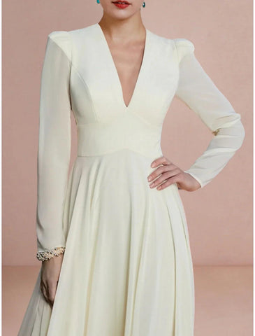 Vestidos de novia de corte A, escote en V, manga larga, largo hasta los tobillos, de gasa, con pliegues, color liso