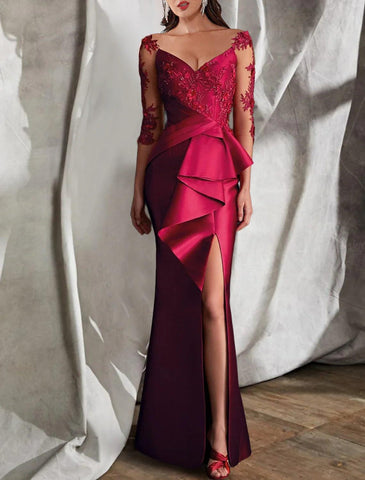 Meerjungfrau/Trompete Abendkleid Blumenkleid Hochzeitsgast Verlobung Bodenlang 3/4 Ärmel V-Ausschnitt Satin mit drapierten Schlitz Applikationen