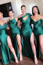 Unique Off-the-shoulder Strapless Emerald Green Elastic Satin Long Bridesmaid Dress