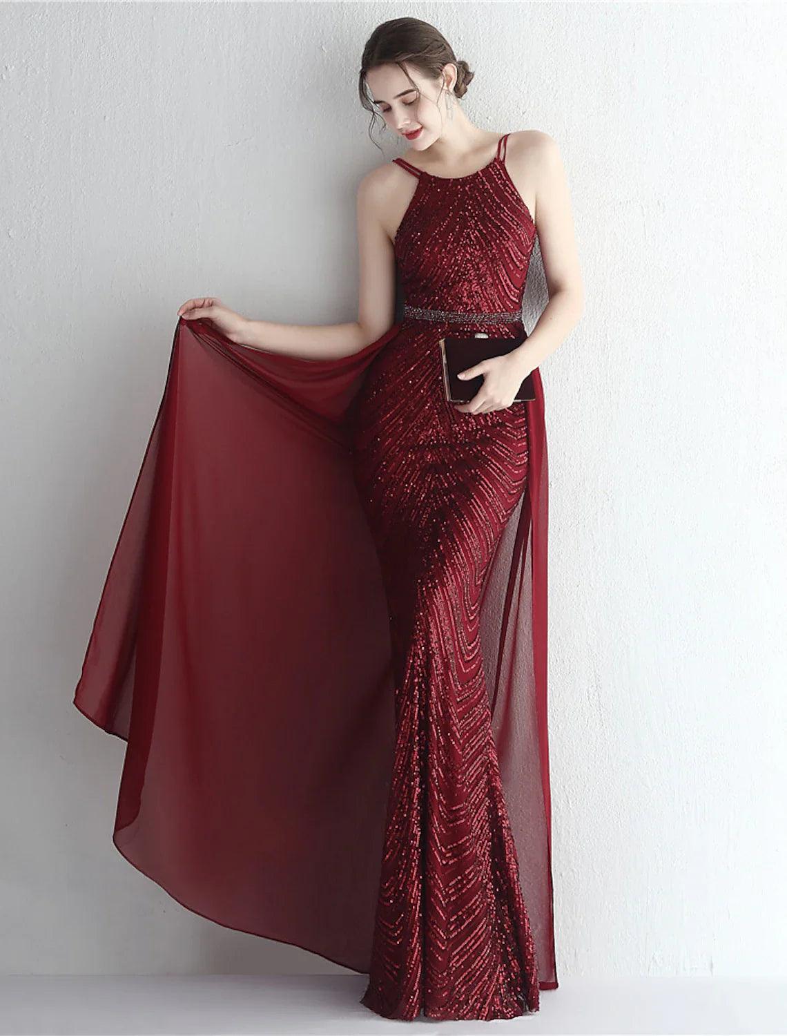 Vestidos de fiesta de sirena/trompeta con brillo y brillo, vestido formal para invitados de boda, largo hasta el suelo, sin mangas, cuello halter, gasa con cuentas y lentejuelas