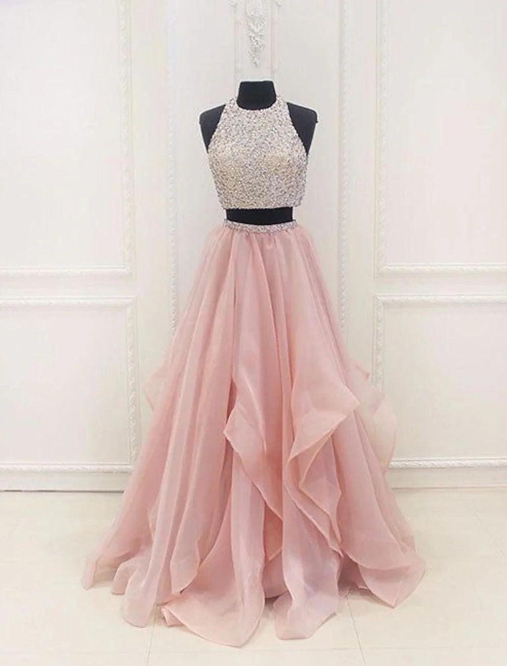 Vestido de fiesta de dos piezas con brillo y pedrería, largo hasta el suelo, sin mangas, cuello halter, organza con lentejuelas