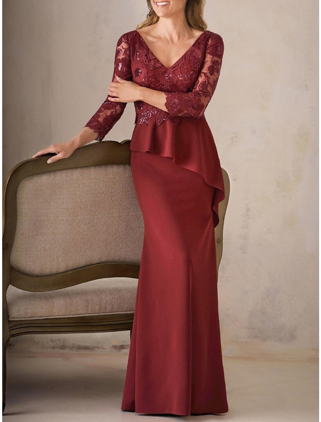 Vestido de Madre de la Novia con Corte en V, Columna, Elegante, para Invitadas de Boda, Largo hasta el Suelo, Satén, Manga Larga con Encaje y Lentejuelas Fruncidas