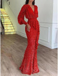 Meerjungfrau/Trompete Abendkleid Elegantes Kleid Formal Bodenlang Langarm V-Ausschnitt Pailletten mit Glitzer Falten Rüschen