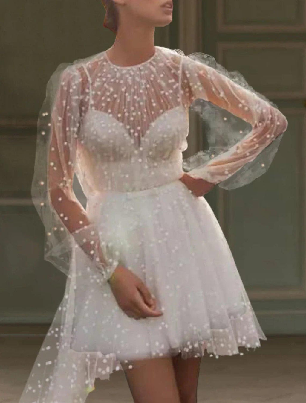 Empfang Kleine weiße Kleider Brautkleider A-Linie Illusion Neck Langarm Asymmetrische Satin Brautkleider Mit Perlen