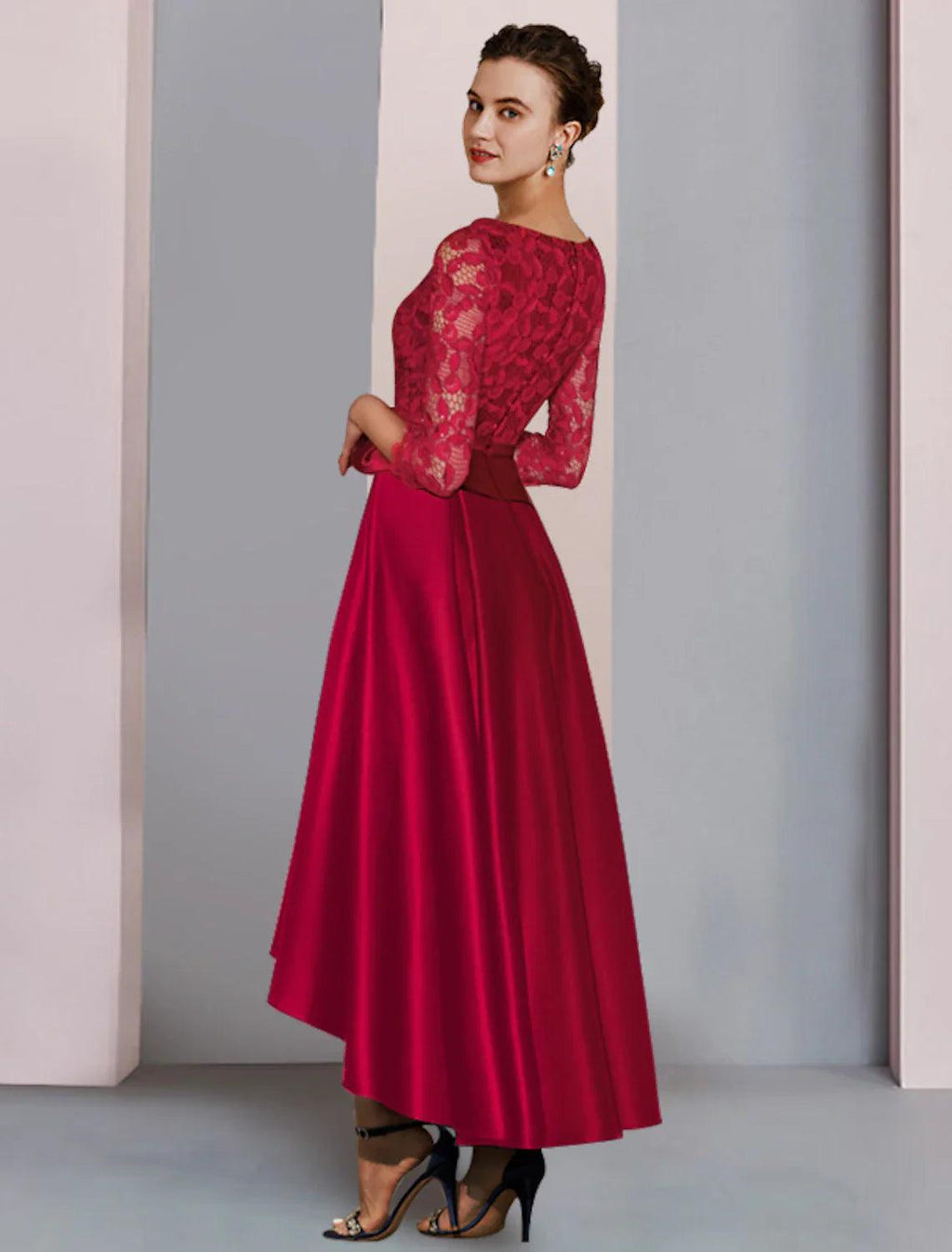 Formal Wedding Guest Elegant Party High Low Scoop Neck Asymmetrical Tea Length Satin Lace 3/4 Length Sleeve with Bow(s) Pleats Mother of the Bride Dress
