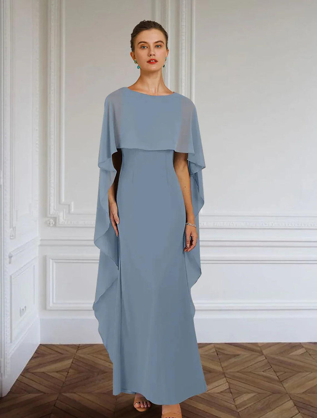 Sheath / Column Mother of the Bride Dress Formal Wedding Guest Elegant Simple Jewel Neck Floor Length Chiffon Sleeveless with Side Draping Solid Color