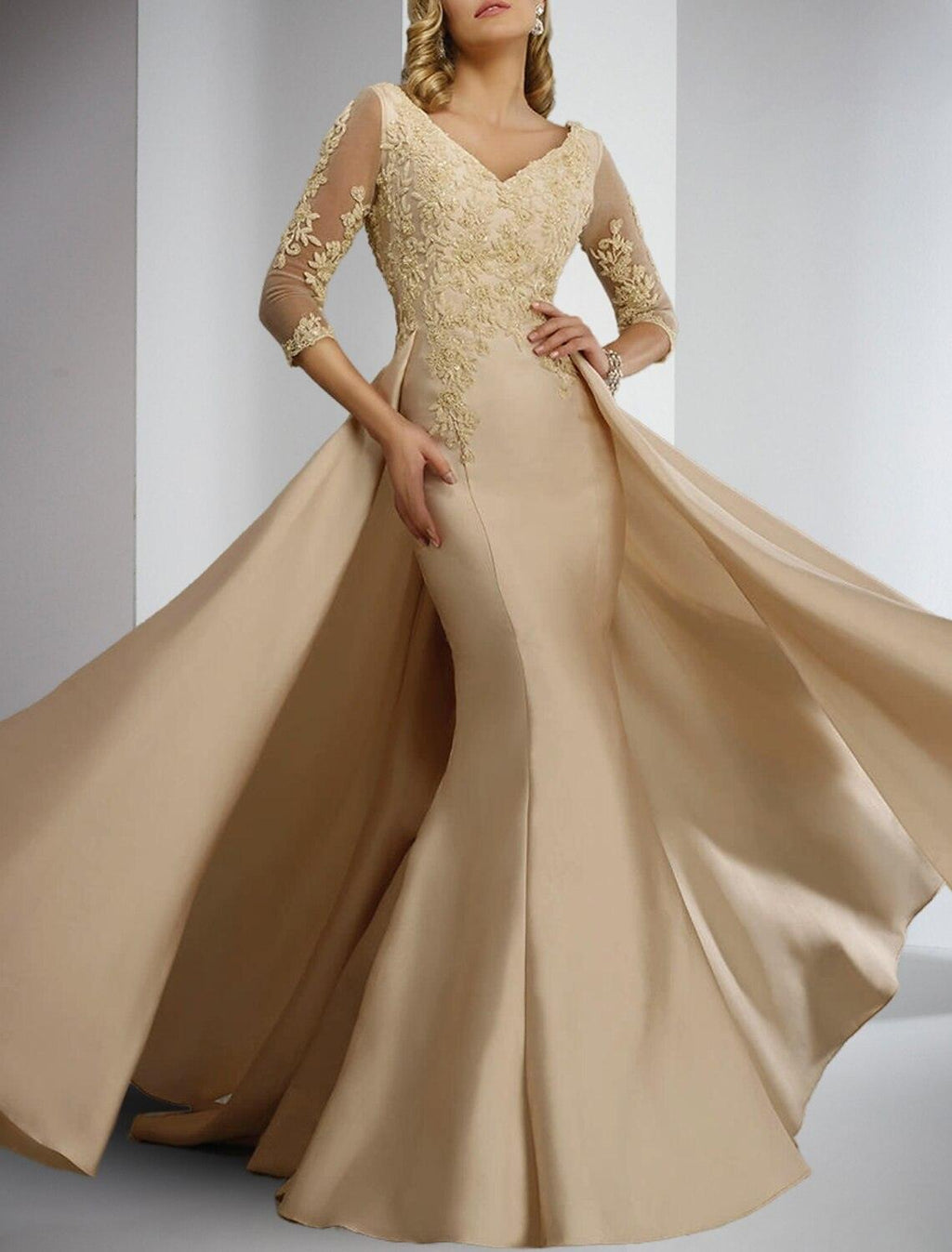 Etui-Linie/Säulenkleid für die Mutter der Braut, formelle Hochzeitsgäste, elegant, V-Ausschnitt, bodenlang, Satinspitze, 3/4-Ärmel mit Applikationen