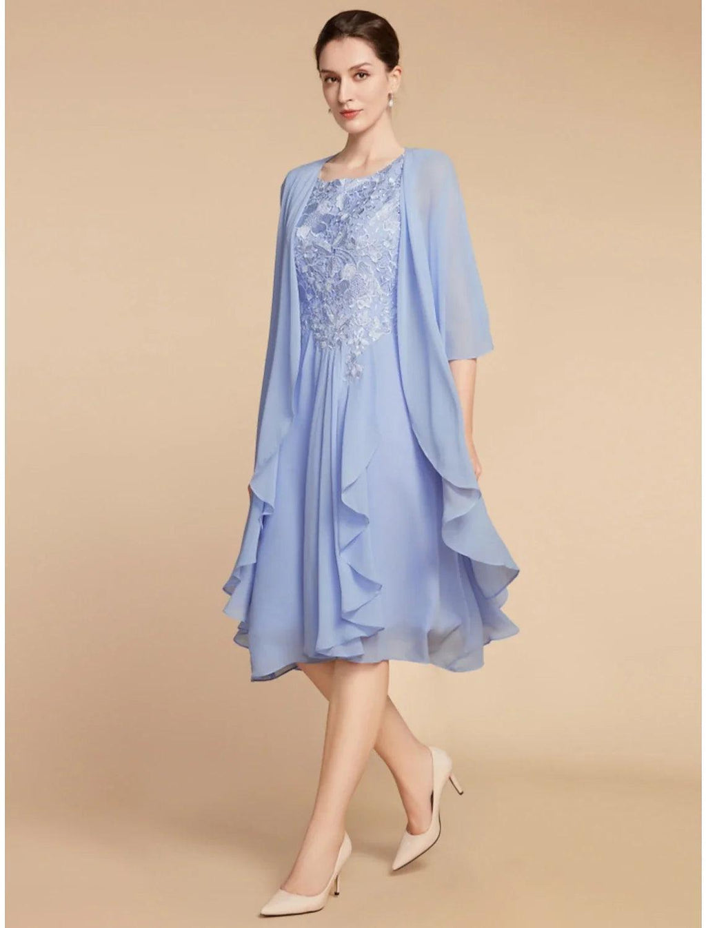 Vestido de dos piezas tipo tubo/columna para madre de la novia, elegante, pequeño, escote redondo, largo hasta la rodilla, de gasa, con encaje, media manga y fruncido, color liso.